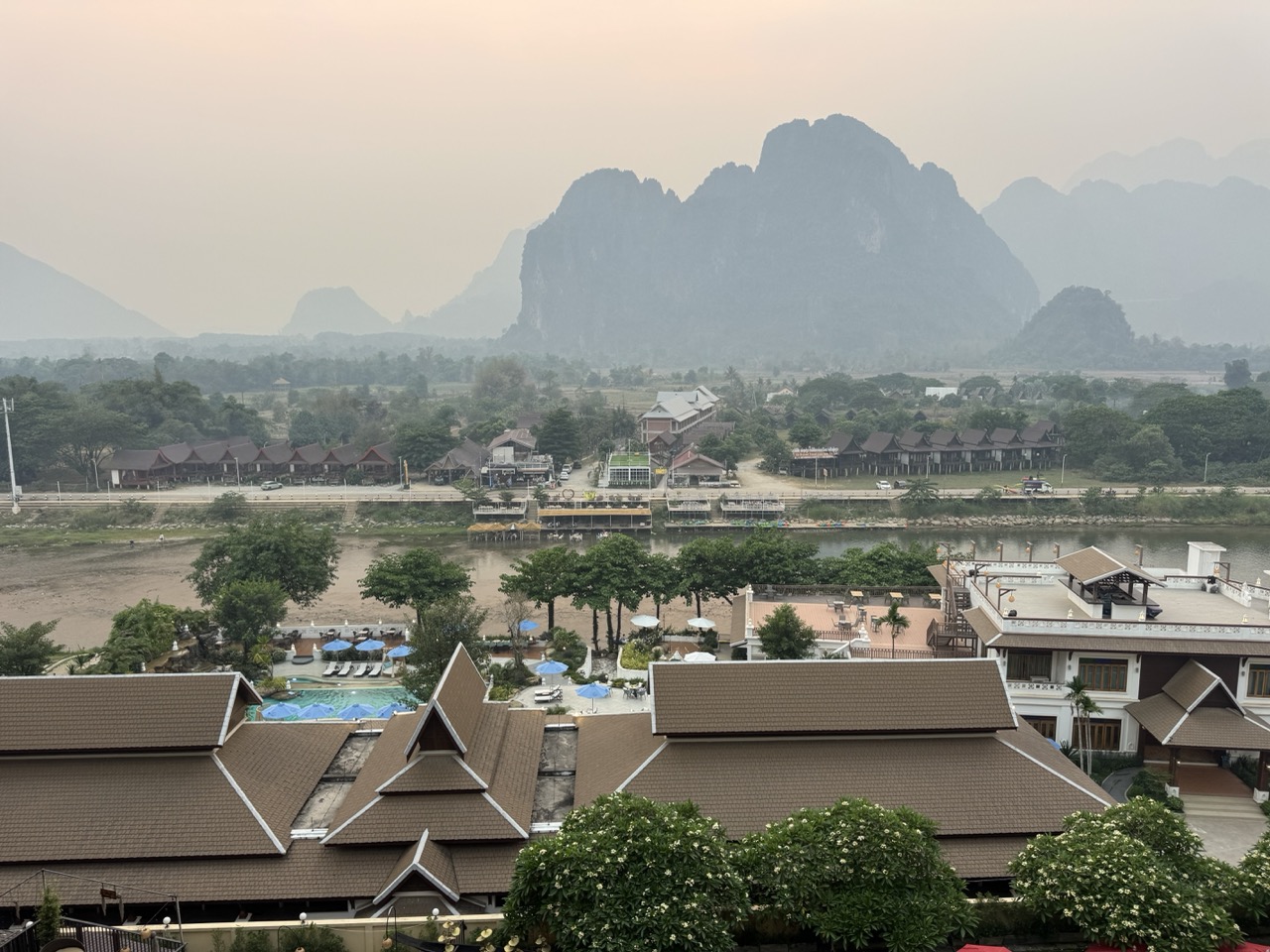 The karst peaks rising over the Nam Song river at Vang Vieng